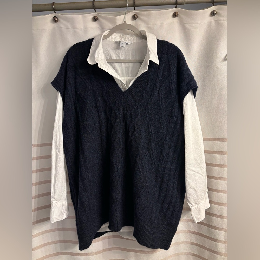 Navy Cable Knit Sweater Vest with White Button Down Shirt Set